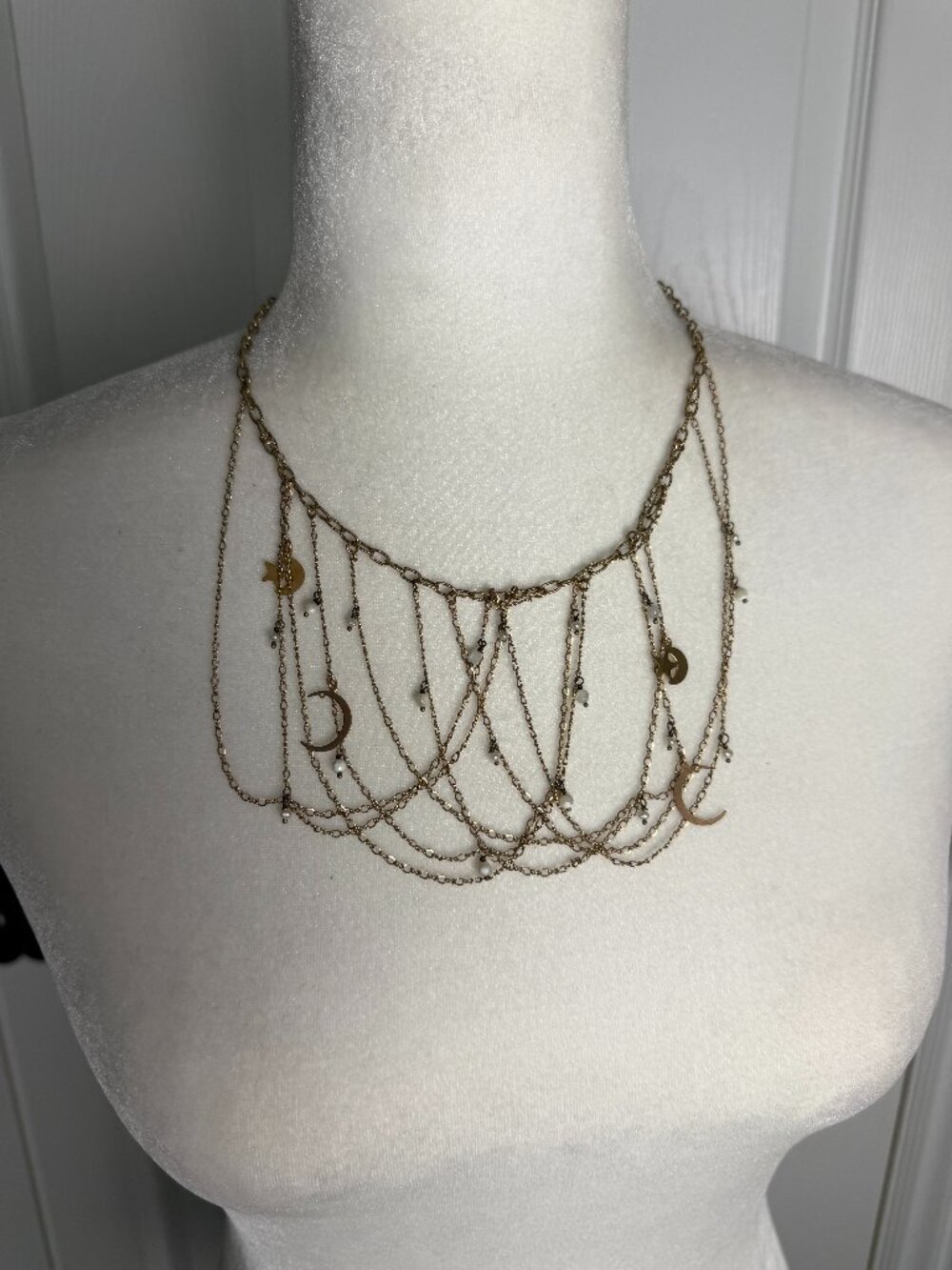 Vintage Gold Tone Looped Multi Chain Layered Necklace with Moon & Star Details